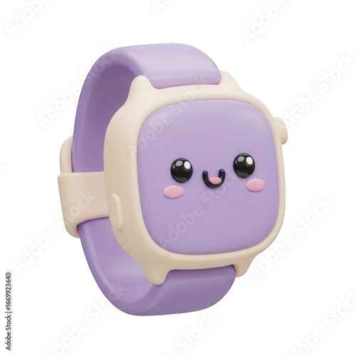 Cute, cartoon-style, purple smart watch with a light beige bezel and strap.