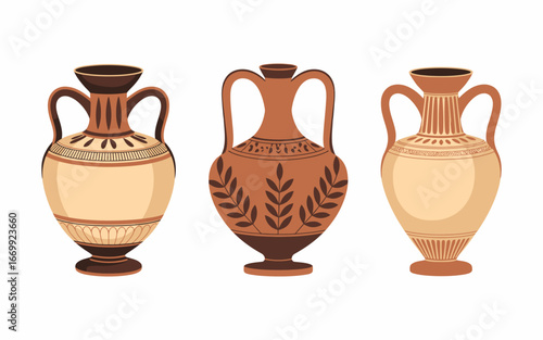 Three decorative Ancient Greek vases pottery in beige and brown tones isolated on a white background vector art illustration