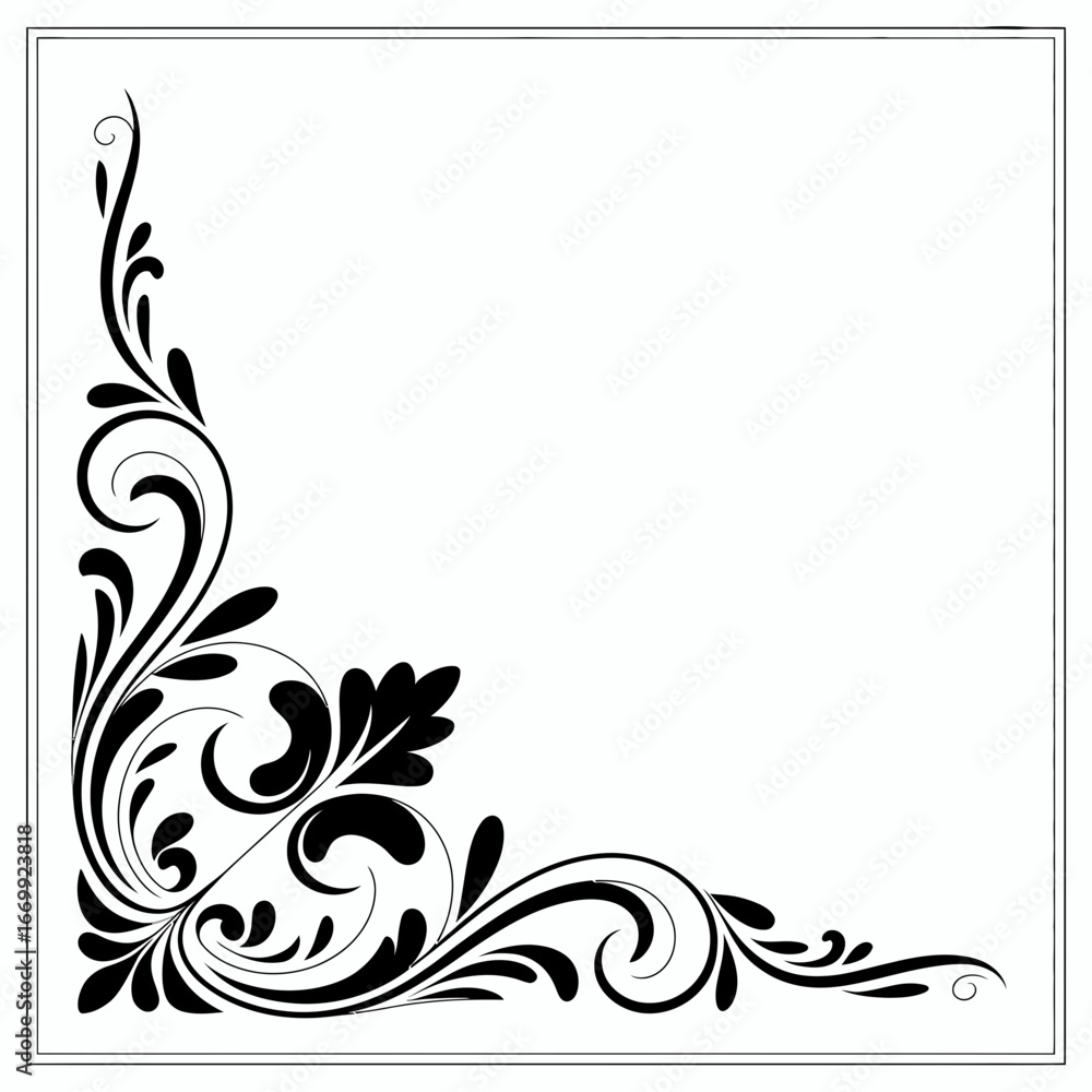 Fototapeta premium Elegant black floral swirl corner design silhouette isolated on white background