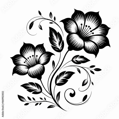 Elegant black floral silhouette design with swirling vines isolated on white background