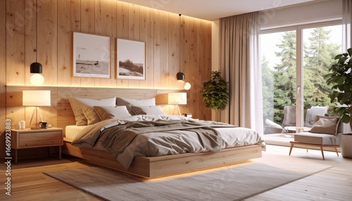 Modern bedroom showcases a kingsize bed with natural wood accents and soft lighting, creating a warm and inviting atmosphere for relaxation.