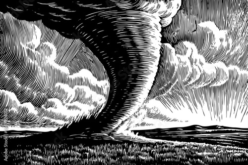 Massive tornado sweeping across open farmland with dramatic storm clouds and destructive power shown in black and white sketch.