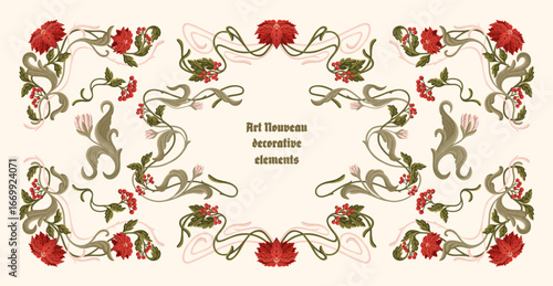 Art Nouveau elements with poinsettia flower and berries. Decorative element. Vector.