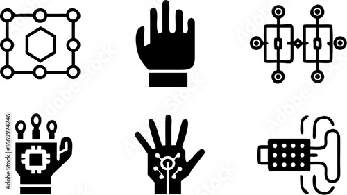 Illustration showing different types of technology and robotics with hands and circuits design icons silhouette