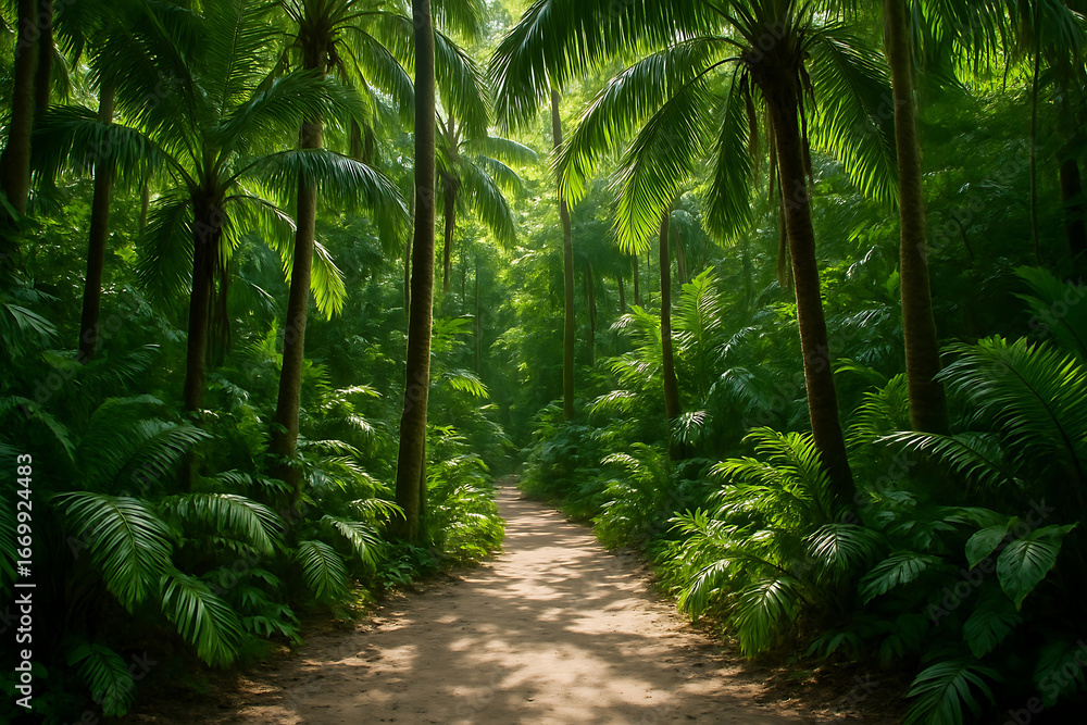 Fototapeta premium Tropical Forest Path Surrounded by Tall Palm Trees