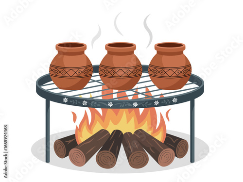 Traditional cooking illustration with clay pots over campfire and wooden logs for a rustic kitchen scene and outdoor culinary experience