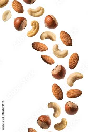 Variety of Nuts Falling in an Arc on a White Background