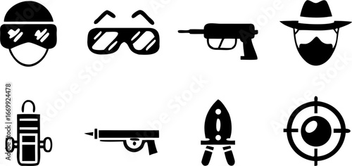 Collection of spearfishing equipment including goggles, guns, a float, and a target icon design silhouette