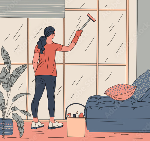 Woman washes window in room. Girl cleans at home. Home chores, housekeeping. Maid doing housework. Service for cleaning an apartment or office. Vector illustration in flat style.