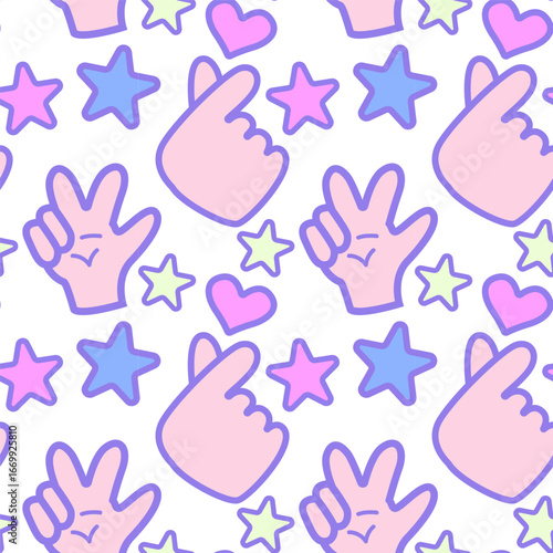 Cute seamless pattern with K-pop hands, hearts and stars in pastel tones for digital paper, apparel or social media design.