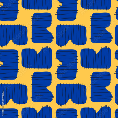 Seamless abstract yellow and blue pattern with hand-drawn textured shapes, modern retro maximalism vector background for stylish textiles and decor.