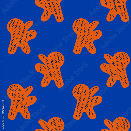 Seamless abstract blue and orange pattern with bold textured shapes, trendy retro maximalism vector background for fashion prints and modern design.