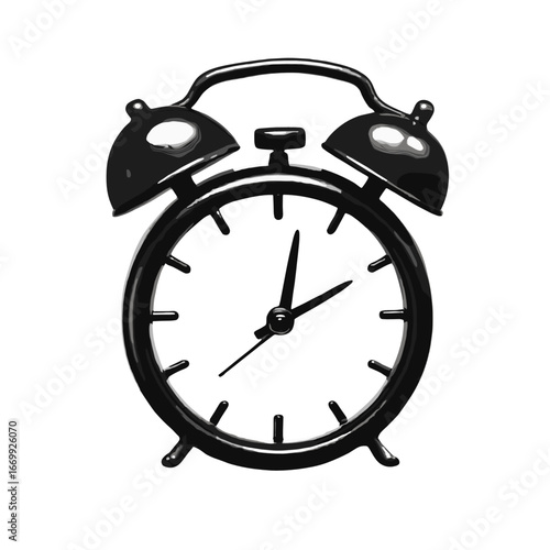 Black alarm clock with classic design and white background and copy space
