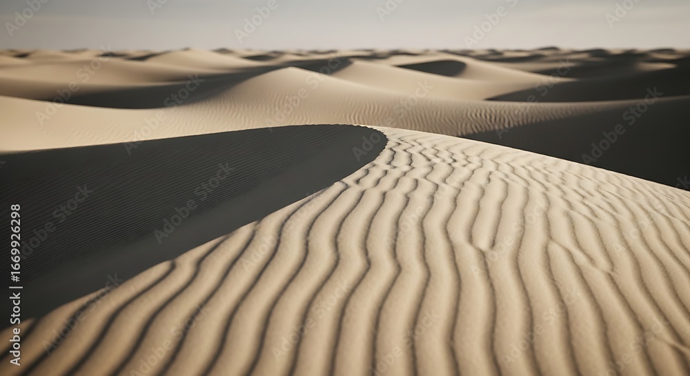 Naklejka premium A close-up view of rippled sand dunes, showcasing intricate patterns and subtle shadows.