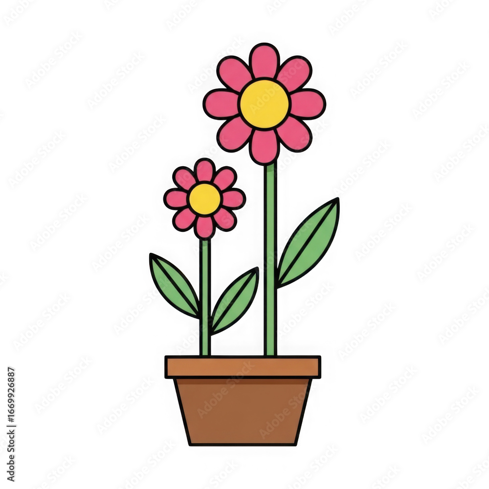 Obraz premium Two vibrant pink daisy flowers with yellow centers in a brown pot isolated on transparent background