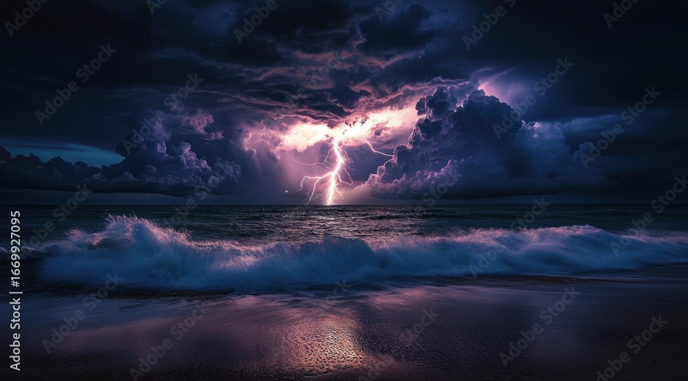 Fototapeta premium Dramatic lightning strike over stormy ocean (3)