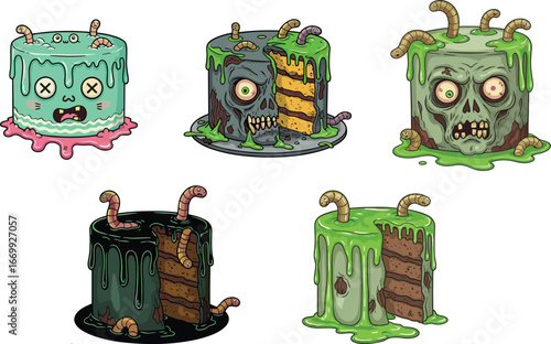Creepy zombie horror cakes with worms and slime cartoon illustration, spooky Halloween dessert concept, scary bakery design for vector artwork