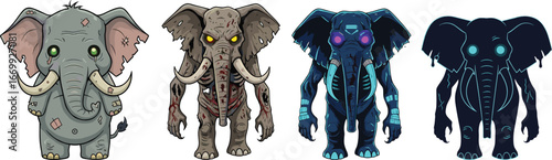 Creepy zombie elephants cartoon vector illustration with glowing eyes, scary monster animal design, spooky Halloween horror concept for dark fantasy artwork