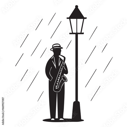 Melancholy musician serenades the rainy night under a vintage street lamp