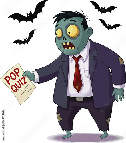 Zombie cartoon with pop quiz paper, horror school character, spooky academic humor, Halloween vector, creepy undead student illustration