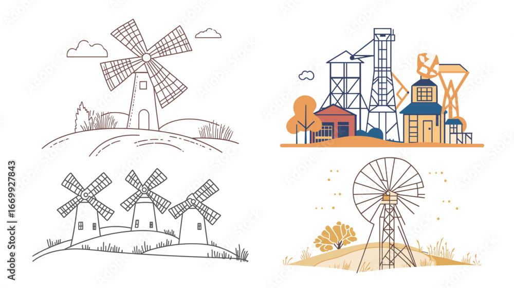 Obraz premium Wheel Line Art Vector Graphic Design – Windmill Illustration