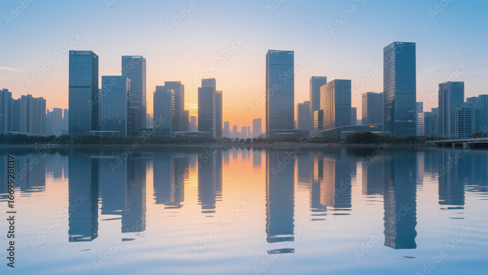 Naklejka premium city skyline at sunset