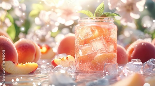 Peach iced drink in jar, surrounded by fresh peaches