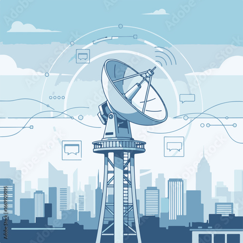 Large communications tower in cityscape with digital infrastructure for communication. Communications tower relays signals across cityscape, illustrating broad network with connectivity.