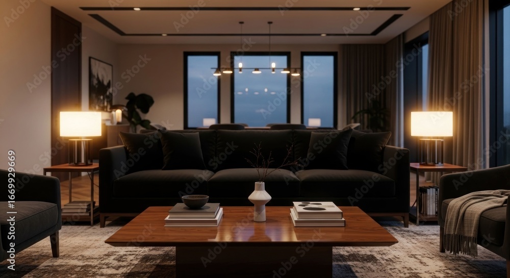 Fototapeta premium Modern, dimly lit living room with dark furniture and a view