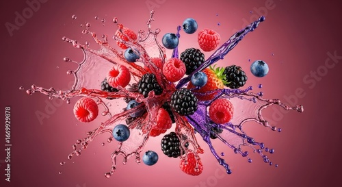 Mixed berries explode in vibrant juice splash