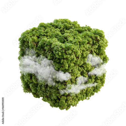 Cube made of green foliage and white clouds on a black background