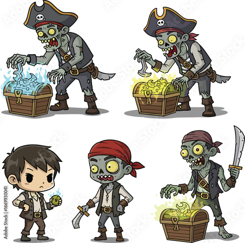 Zombie pirate cartoon, glowing cursed treasure, fantasy adventure scene, undead crew vs human hero, Halloween vector, magical illustration set