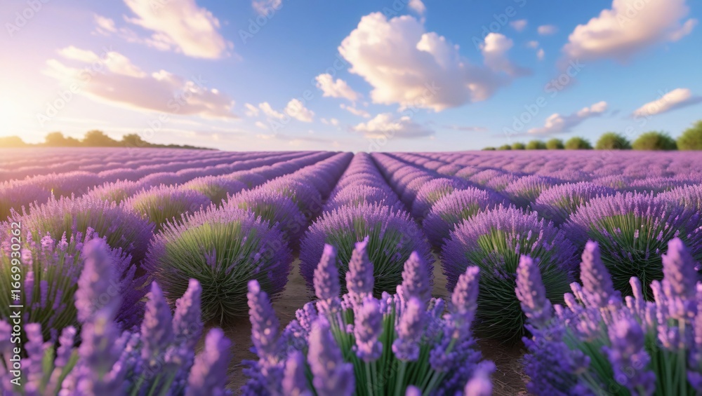Obraz premium Photorealistic lavender field in full bloom, endless purple rows stretching to horizon under golden sunlight