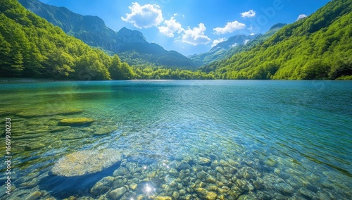 Wallpaper Mural Serene alpine lake, crystal-clear water, lush green mountains Torontodigital.ca
