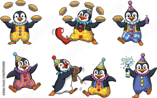 Cartoon clown penguins in playful circus poses, juggling pies, spraying bottles, humorous costumes, fun character vector illustration set for entertainment and kids themes