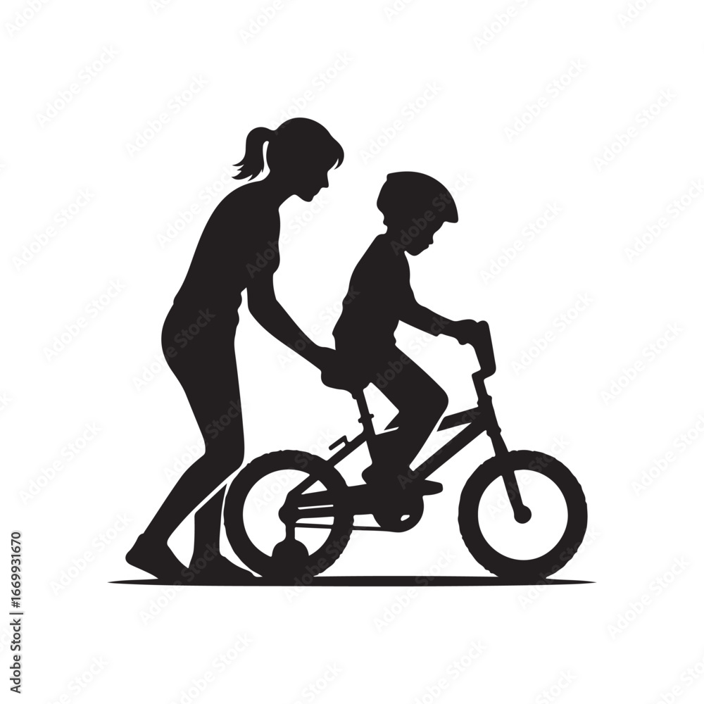 Obraz premium parents teaching child riding bicycle vector silhouette clip art logo design illustration