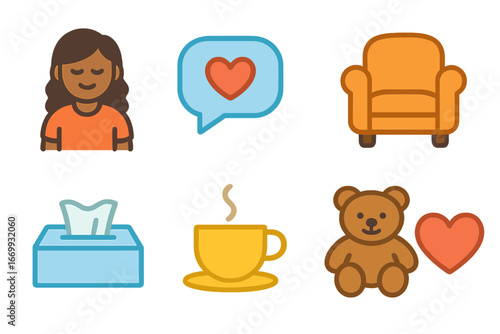 Children's Counseling Icons. Flat vector mini-illustrations Psychological support and counseling in colors children's
