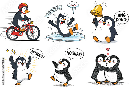 Cartoon penguins in playful activities, riding bicycle, dancing, hugging, ringing bell, expressive poses, fun character vector illustration set for kids themes