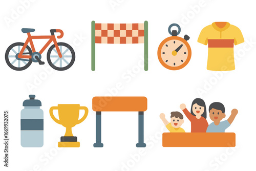 Children's Cycling Icons. Flat vector mini-illustrations Road race cycling event in colors children's illustrations: racing bike,
