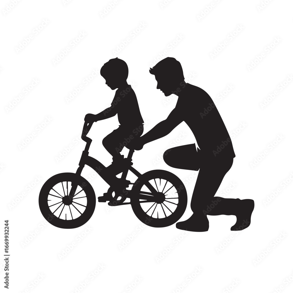 Fototapeta premium parents teaching child riding bicycle vector silhouette clip art logo design illustration