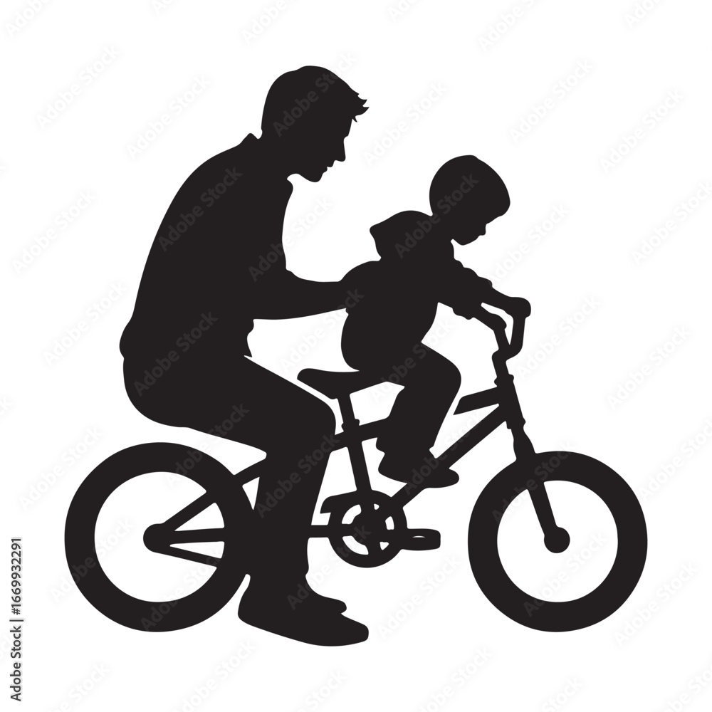 Fototapeta premium parents teaching child riding bicycle vector silhouette clip art logo design illustration