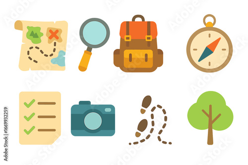 Children's Scavenger Adventure Icons. Flat vector mini-illustrations Scavenger hunt adventure in colors children's illustrations: