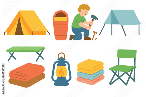 Children's Shelter Setup Icons. Flat vector mini-illustrations Temporary shelter setup in colors children's illustrations: tent,