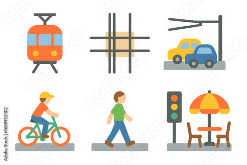 Children's Tram Intersection. Flat vector mini-illustrations Intersection with tram tracks in colors children’s illustrations: