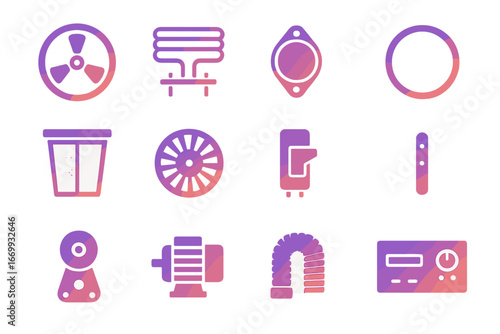 Clothes Dryer Parts Icons. Gradient icons set of clothes dryer repair parts: dryer drum, heating coil, thermostat, belt, lint trap