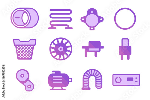 Clothes Dryer Parts Icons. Gradient icons set of clothes dryer repair parts: dryer drum, heating coil, thermostat, belt, lint trap