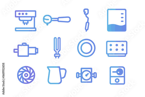 Coffee Machine Repair Icons. Gradient icons set of coffee machine repair kit: espresso machine group head, portafilter, steam wand