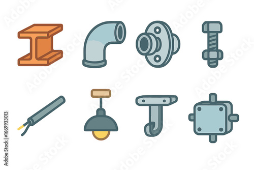 Colorful Construction Icons Grid. Flat vector mini-illustrations Metal beam and pipe detailing in colors children’s illustrations: