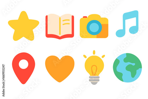 Colorful Icon Grid. Flat vector mini-illustrations Story highlight cover grid in colors children’s illustrations: star icon, book