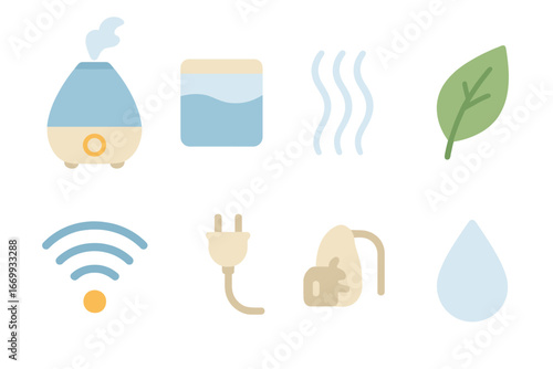 Colorful Humidifier Icons. Flat vector mini-illustrations Humidifier device in colors children's illustrations: humidifier, water